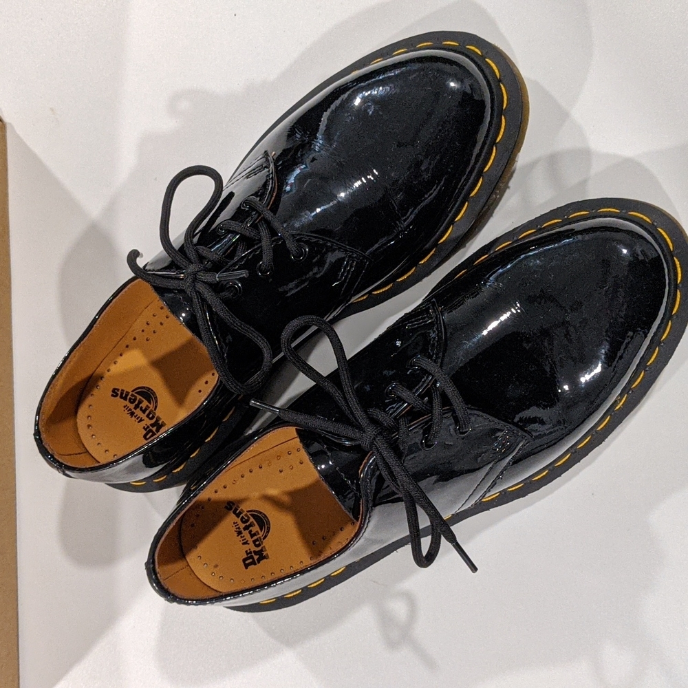 Dr. Martens Black Patent Leather Lace-Up Flats with Yellow Stitching